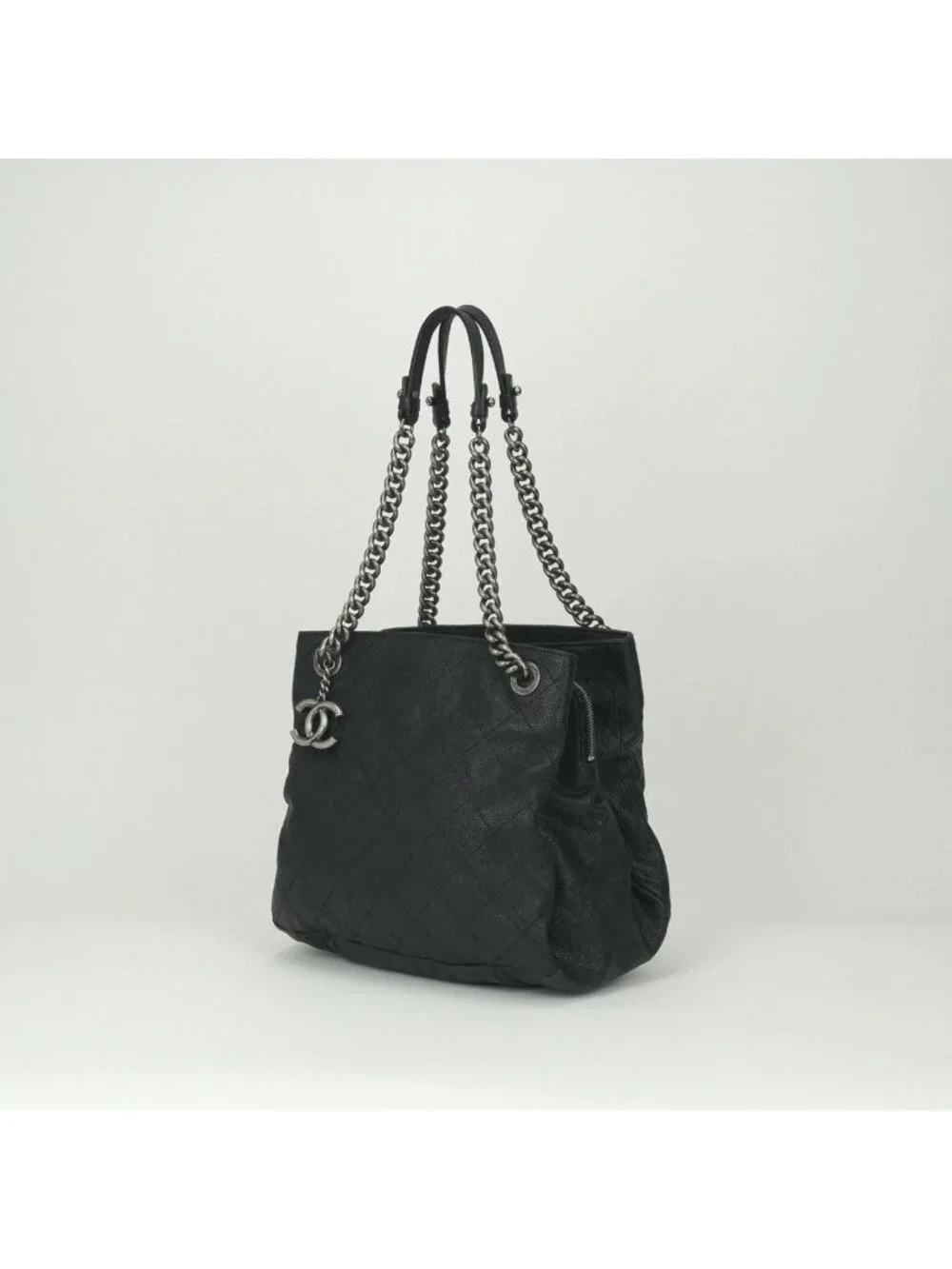 Chanel Quilted Tote Shoulder Bag Caviar Leather Black Silver Chain